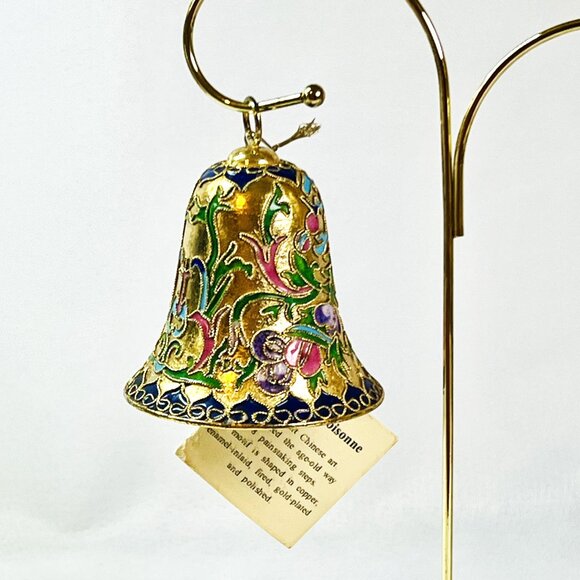 Cloisonne Vintage Bell Openwork Twisted Wire Enamel Navy Pink Brass Ornament - Picture 3 of 7